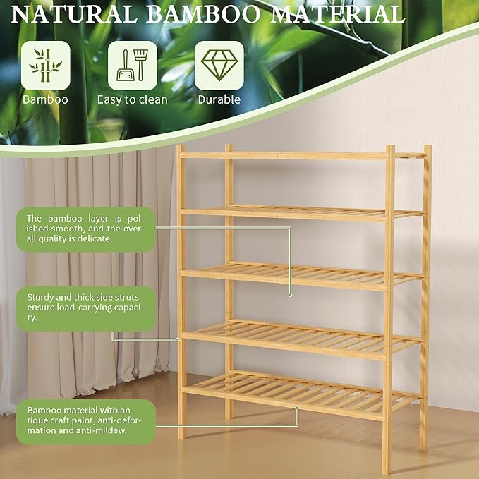 ROMGUAR CRAFT 5 Tier Bamboo Shoe Rack for Closet Free Standing Wood Shoe Shelf for Entryway Small Space Stackable 27"x11"x33" (Natural)