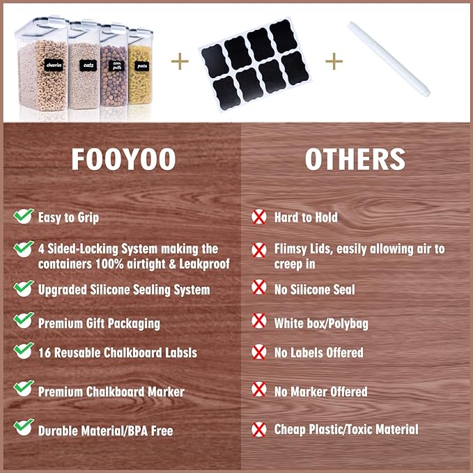 FOOYOO Cereal Containers Storage Set - 4 Piece Airtight Large Food Storage Containers(135.2oz), BPA Free Dispenser Plastic Cereal Storage Containers