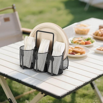 Paper Plate and Silverware Holder Caddy, 4 Compartments Metal Utensil Cutlery Caddy for Party, Spoon, Fork and Paper Plate Organizer with Handle for Countertop,Buffet, Picnic, Camping, Outdoor, BBQ