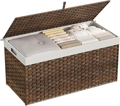 HOOBRO Storage Basket with Lid, 52.8 Gallon (200L) Wicker Basket, Handwoven Blanket Storage Basket with Handles, Metal Frame and Soft Lining, Foldable for Bedroom, Laundry Room, Brown BR220CW01