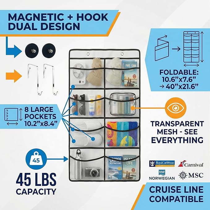 Magnetic Cruise Organizer, 8 Large Durable Pockets Over The Door Organizer For Cruise Ships, Magnetic & Hanging Cruise Organizer, Cruise Essentials 2026 （ 40" x 21.6"）