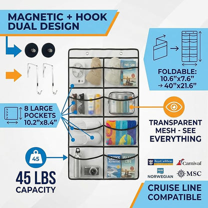 Magnetic Cruise Organizer, 8 Large Durable Pockets Over The Door Organizer For Cruise Ships, Magnetic & Hanging Cruise Organizer, Cruise Essentials 2026 （ 40" x 21.6"）