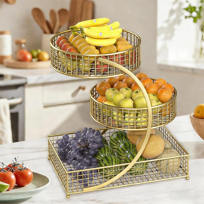 BCWW 3 Tiers Makeup Organizer Countertop Multi Bathroom Counter Organizer Metal Fruit Basket Perfume Skincare Organizers Holder for Vanities, Cabinet, Cosmetic, Dresser Organizer (Gold)