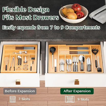 Dunruz Bamboo Expandable Drawer Organizer for Kitchen Utensils, Adjustable Silverware Tray with 9 Deep Slots for Large Spoons & Knives, Natural Wood Flatware Caddy for Cutlery Storage (Fits 13"-20")