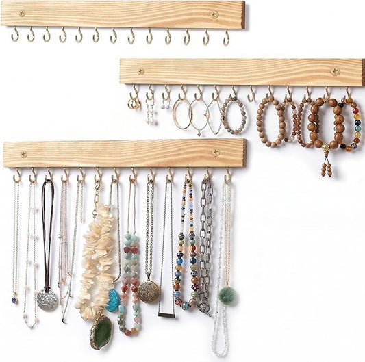 3 Pack Necklace Holder Wall Mounted Hanging Jewelry Organizer, Wooden Jewelry Hanger with 39 Hooks for Necklace Earring Bracelet & Accessories Display, Jewelry Storage Holder for Bedroom Closet Decor