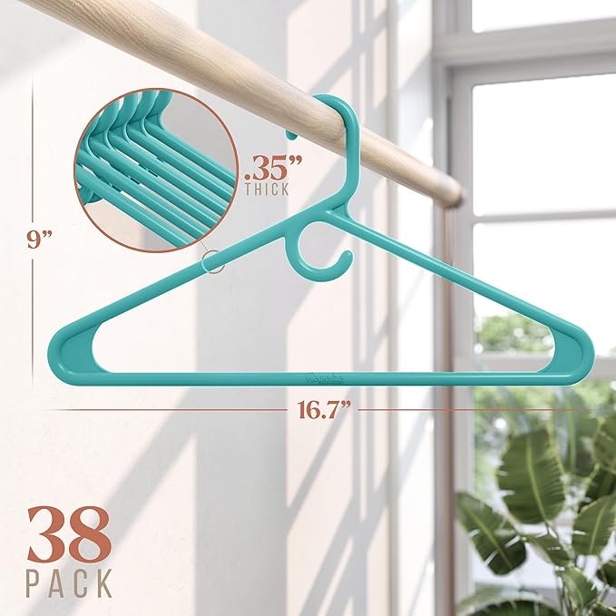 NEATERIZE Thick Heavy Duty Hangers - Aqua Plastic Clothes Hangers 38 Pack - Great for Coat Hanger, Jackets Jeans & Suit Hanger for Closet - New Apartment Essentials Percheros Ganchos para Colgar Ropa