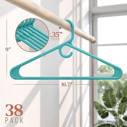 NEATERIZE Thick Heavy Duty Hangers - Aqua Plastic Clothes Hangers 38 Pack - Great for Coat Hanger, Jackets Jeans & Suit Hanger for Closet - New Apartment Essentials Percheros Ganchos para Colgar Ropa