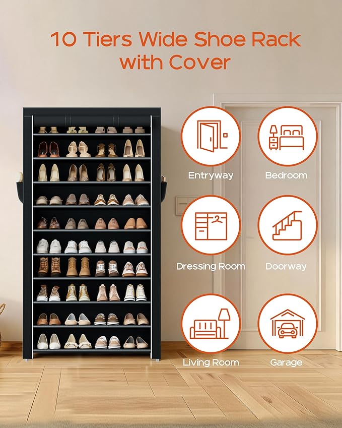 CASAMAYA Shoe Rack with Covers, 10 Tiers Tall Shoe Rack Organizer, Large Capacity Shoe Shelf Storage, Hold 40 Pairs of Shoes, Vertical Shoe Storage Organizer for Closet, Entryway, Black, SRT104B01