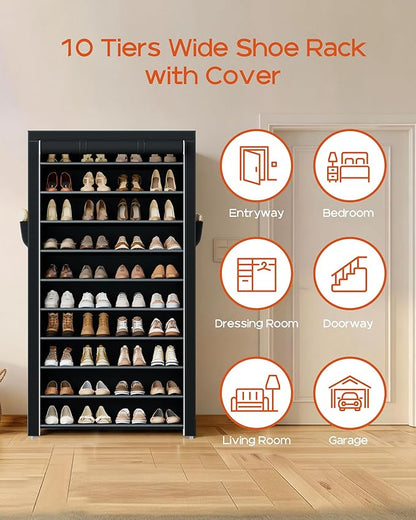 CASAMAYA Shoe Rack with Covers, 10 Tiers Tall Shoe Rack Organizer, Large Capacity Shoe Shelf Storage, Hold 40 Pairs of Shoes, Vertical Shoe Storage Organizer for Closet, Entryway, Black, SRT104B01