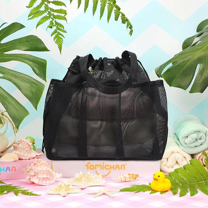 famichan Mesh Shower Caddy Portable with Drawstring, Dorm Room Essentials for College Students boy & girl, Larger Shower Bag for Camping,Swimming,Gym,Travel,Bathroom - Black