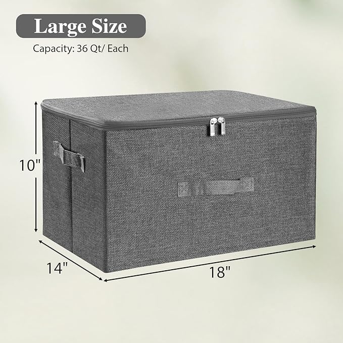 ANMINY 3PCS Storage Bins with Zipper Lids 36 Qt Lidded Fabric Storage Boxes Baskets Cubes with Handles Collapsible Washable Cotton Linen Closet Shelf Clothes Organizer Containers - Gray, Large