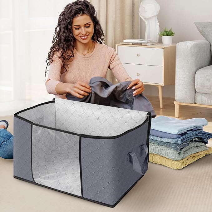 Fab totes 6 Pack Storage Bags for Clothes and Blanket, Foldable Closet Organizers and Storage with Zippers, Clear Window and Handles, Fabric Storage Bins for Sweater, Comforter, Bedding,Linen Sheets