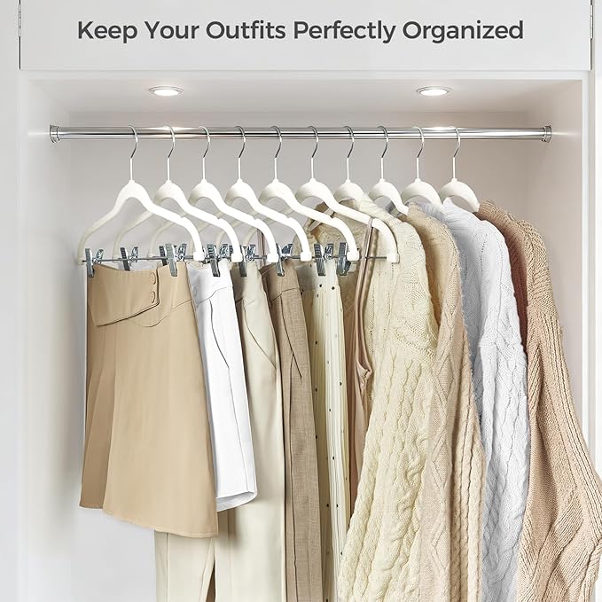 HOUSE DAY Velvet Hangers with Adjustable Clips 10 Pack, Non-Slip Suit Organizer with 360° Hook - Heavy Duty Hanger for Pants, Skirts, Blouses, Dresses - Outfit Hangers All-Season Space Saver (Ivory)