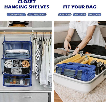 Surblue Hanging Shelves Travel Storage Bag Compression Packing Cube for Suitcase Portable Closet Organizer Collapsible with Extension Layer Large Capacity,Blue,XXL