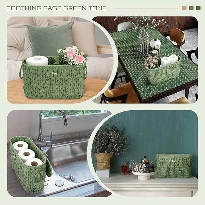 Kathfly Sage Green Toilet Paper Storage Basket with Lid Wicker Woven Bathroom Basket Toilet Paper Holder Holds up to 6 Mega Rolls Woven Organizer for Home Bathroom Kitchen Offices