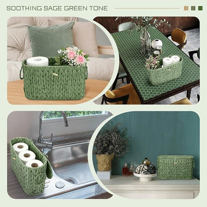 Kathfly Sage Green Toilet Paper Storage Basket with Lid Wicker Woven Bathroom Basket Toilet Paper Holder Holds up to 6 Mega Rolls Woven Organizer for Home Bathroom Kitchen Offices
