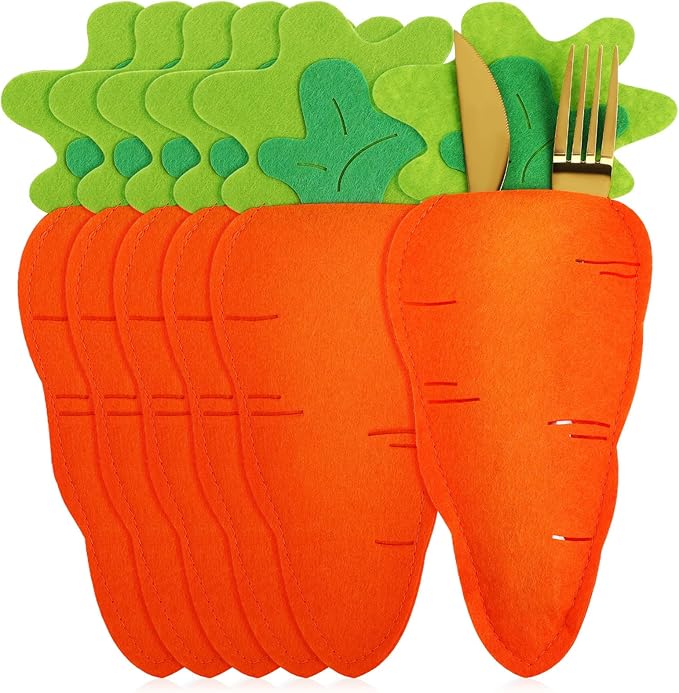 Luxshiny 6 Pcs Easter Cutlery Bags Carrot Shape Silverware Holder Fork Spoon Pouch Utensil Storage for Festival Dining Table Decor