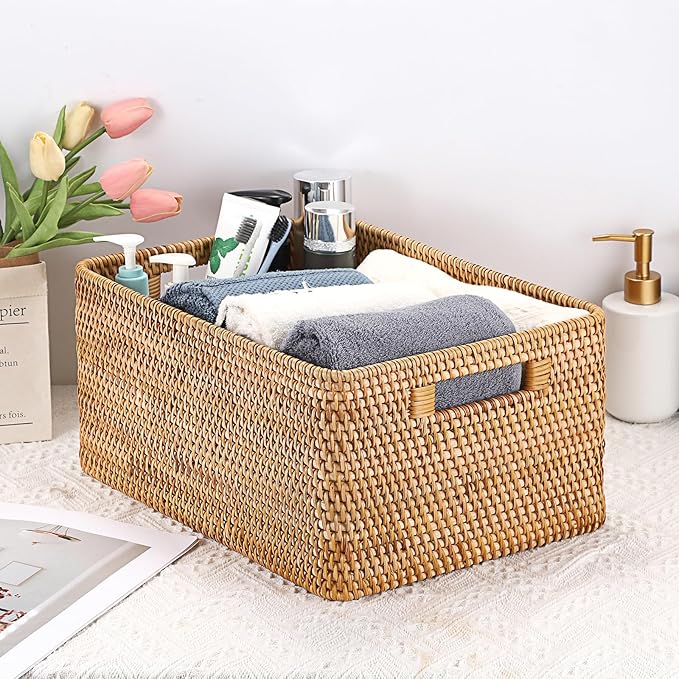 Hipiwe Handwoven Rattan Basket Decorative Natural Wicker Storage Basket Rectangular Wardrobe Home Organizer with Build-in Handles, 15" x 11" x 7.1"