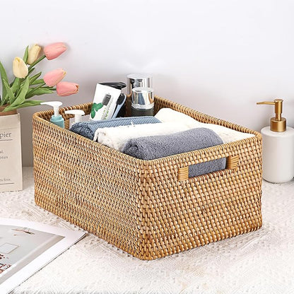 Hipiwe Handwoven Rattan Basket Decorative Natural Wicker Storage Basket Rectangular Wardrobe Home Organizer with Build-in Handles, 15" x 11" x 7.1"