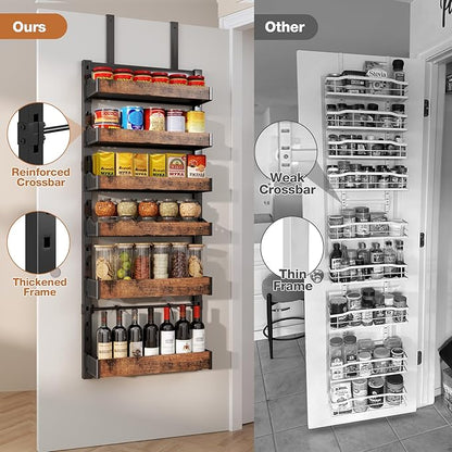 6-Tier Over The Door Pantry Organizer, Heavy-Duty Metal Wall Mount or Hanging Spice Rack, behind the door storage Shelves with Adjustable Basket, Back of Door Organizer for Kitchen Cabinet and Closet