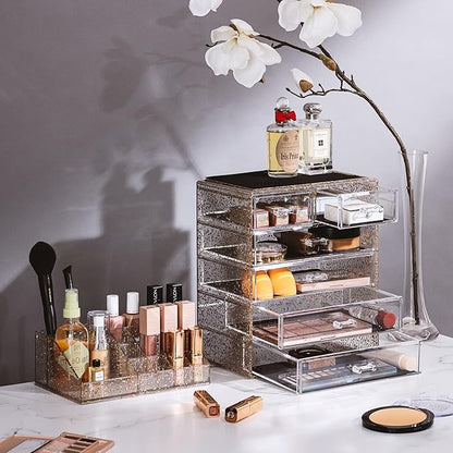 Sorbus Acrylic Makeup Organizer Set, 6-Drawer Vanity & Countertop Cosmetic Storage with Small & Wide Compartments, Glitter Makeup Storage for Brushes, Jewelry – Holiday Gift for Women & Teens