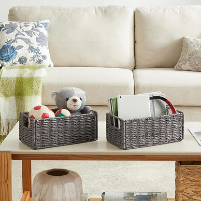 Vagusicc Wicker Storage Basket, Set of 2 Hand-Woven Paper Rope Wicker Basket, Small Storage Baskets for Organizing Toilet Paper Basket, Foldable Large Cube Storage Organizer Bins for Shelves (Grey)