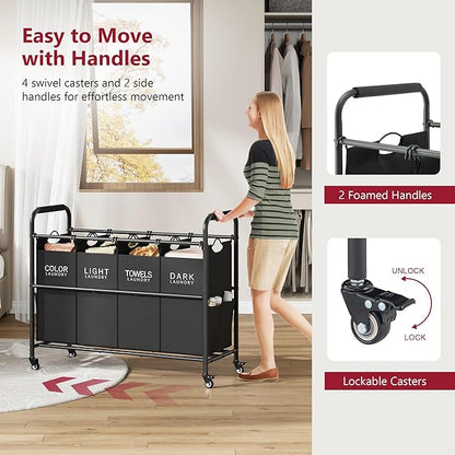 Tajsoon 4 Bag Laundry Sorter Cart, 4 Section Laundry Hamper Sorter with Heavy Duty Lockable Rolling Wheels, Laundry Separator Hamper with Removable Bags for Dirty Clothes Storage, Black