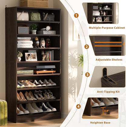 Homieasy Tall Shoe Cabinet, 9-Tier Wood Shoe Rack Organizer Cabinet for Closet, Freestanding Shoe Storage Cabinet with Adjustable Shelves for Entryway, Bedroom, Dark Walnut