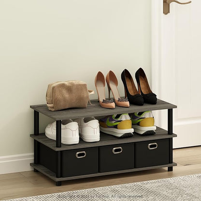 Furinno Turn-N-Tube Shoe Rack, 3-Tier Compact Shoe Organizer, Toolless Shoe Storage with Bin Drawers and Open Shelves, 15.5 x 31.2 x 15.4, for Closet Entryway, Office, Garage, French Oak