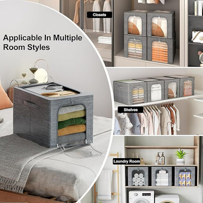 GoMaihe Clothes Storage Bins with Metal Frame, 4-Pack Closet Storage Bins with Lid & Clear Window, Sweater Boxes Organizer for Closet, Clothing Storage, Cationic Fabric 40L