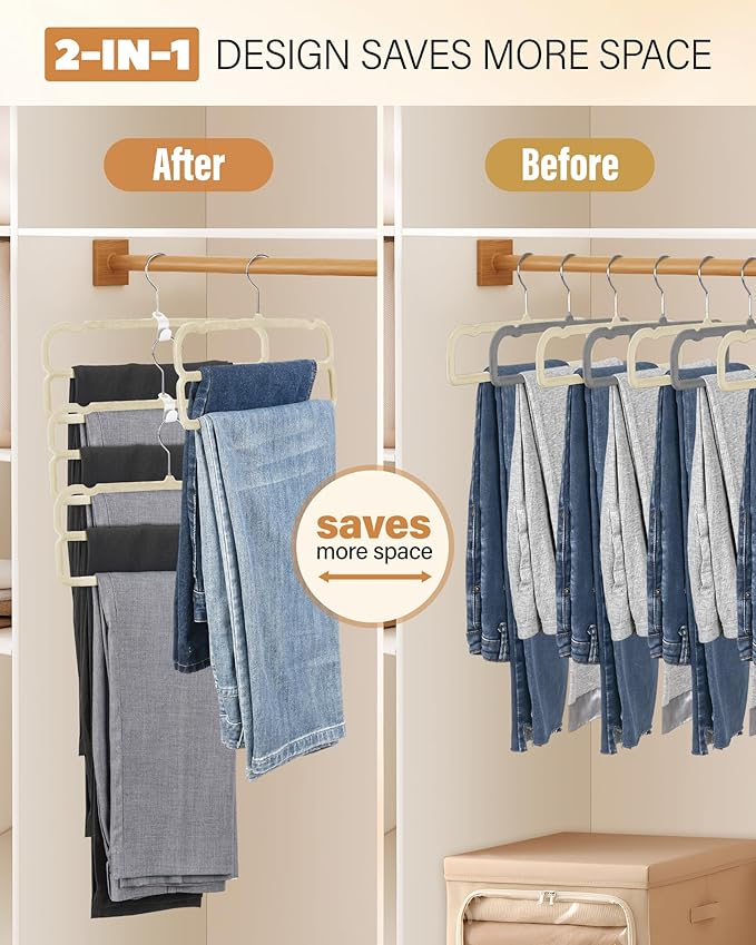 Velvet Pant Hangers, Felt Trouser Hangers for Women and Men, Heavy Duty, Space Saving, 13.77"(L) Slim Double Non-Slip Hanger, 360° Swivel Multiple Flocked Jean Hangers for Adult Teen 10 Pack (Beige)