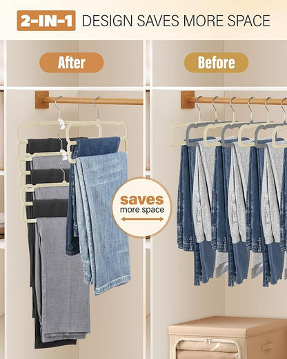 Velvet Pant Hangers, Felt Trouser Hangers for Women and Men, Heavy Duty, Space Saving, 13.77"(L) Slim Double Non-Slip Hanger, 360° Swivel Multiple Flocked Jean Hangers for Adult Teen 10 Pack (Beige)