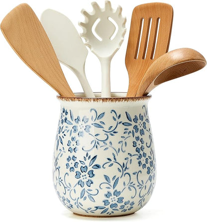 Utensil Holder for Kitchen Counter, Modern Farmhouse Cooking Utensil Holder and Crock Home Kitchen Decor, Ceramic Utensil Organizer for Spatula, Ladle, Eggbeater, Rolling Pin- Blue and White Porcelain