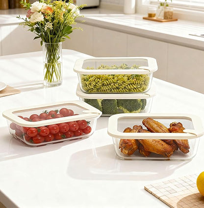 Urban Green Glass Food Storage Containers with Glass Lids, Microwave Safe Food Container Set, Airtight Food Container Set, LeakProof, 100% Plastic Free, White Color, 4pack