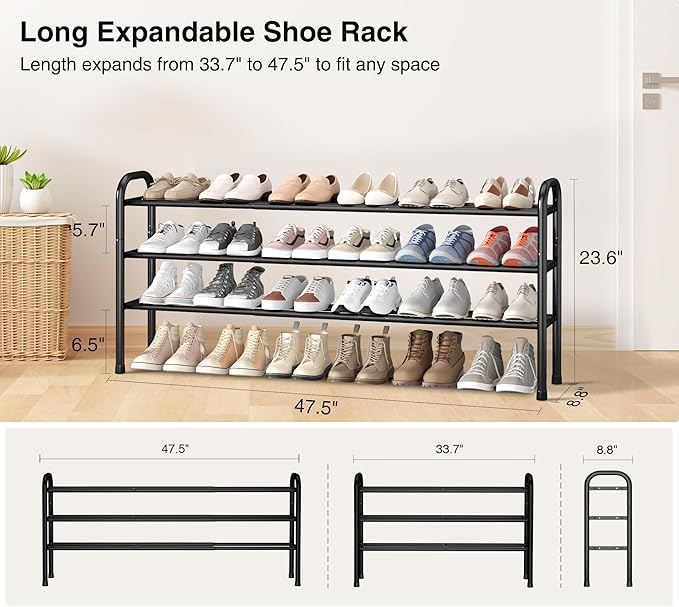 STO STO Long Expandable Shoe Rack 3-Tier, Adjustable Length 33.7”–47.5” Shoe Organizer, Metal Shoes Storage Shelf, Holds Up to 24 Pairs, Non-Slip Feet, for Closet, Entryway, Hallway, Front Door, Black