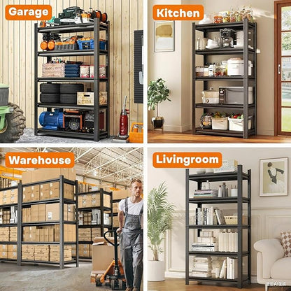 48"W*24"D Metal Garage Shelving, 5-Tier Heavy Duty Storage Shelves with Side Fences, Easy to Assemble, Adjustable, Steel Utility Shelf Rack for Warehouse, Pantry, Closet, Black, 73 Inches High