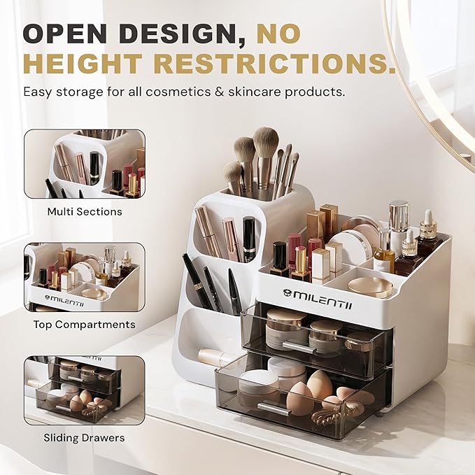 Makeup Organizer with Drawers, Large Capacity Cosmetic & Skincare Storage Box, Countertop Vanity Organizer for Bathroom, Bedroom & Dresser, ABS Plastic, White