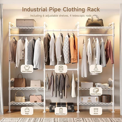Wall Mounted Garment Rack, Walk-in Closet System with Expandable Rods, Adjustable Shelves, Industrial Pipe Clothing Racks, Hanging Clothes Organizers and Storage, Metal Closet Shelving Wardrobe