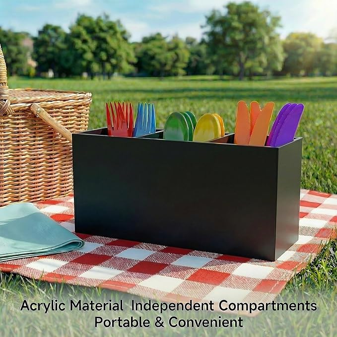 Daxolanz 3 Section Acrylic Cutlery Organizer for Countertop, Modern Flatware Storage Caddy for Spoons Forks Knives, Space Saving Utensil Holder for Kitchen, Cabinet or Dining Room (Medium)