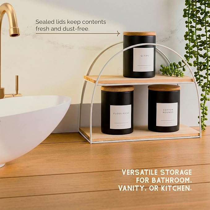 Vase and Vessel Mini Glass Apothecary Jars with Bamboo Lids, Small Bathroom and Kitchen Storage Containers, For Cotton Balls, Pads and Swabs, 10 oz, Set of 3 (Matte Black)