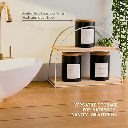 Vase and Vessel Mini Glass Apothecary Jars with Bamboo Lids, Small Bathroom and Kitchen Storage Containers, For Cotton Balls, Pads and Swabs, 10 oz, Set of 3 (Matte Black)
