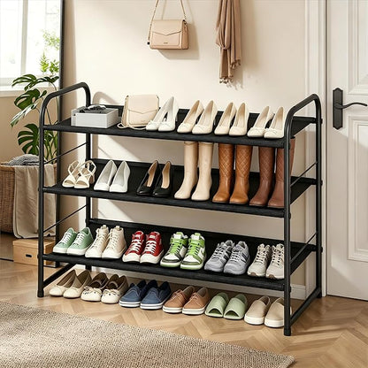 Ekisemio 3-Tier Stackable Shoe Rack – Expandable & Adjustable Fabric Shoe Organizer, Space-Saving for Closet, Black
