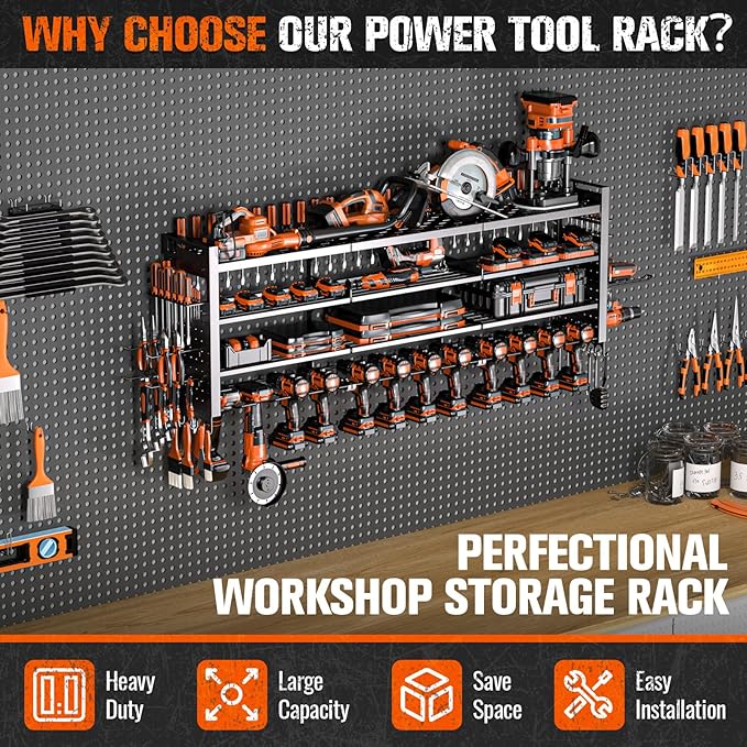 49.8" W Large Power Tool Organizer Wall Mount, Heavy Duty Tool Organizer with 14 cordless Drill Holder, 4 Layers Garage Organization and Storage Rack, Tool Rack for Garage Workshop, Black
