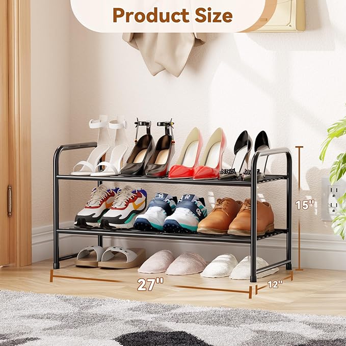 Simple Shoe Rack, 2 Tier Heavy Duty Metal Shoe Shelf 27 Inch Wide, Black
