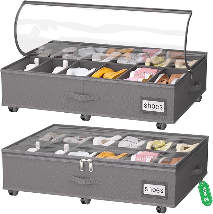 homyfort Under Bed Shoe Storage with Wheels, Fits 24 Pairs, Rolling Shoe Organizer with Bottom Support & Clear Lids, Sturdy Under Bed Storage Box for Shoes, Set of 2, Grey