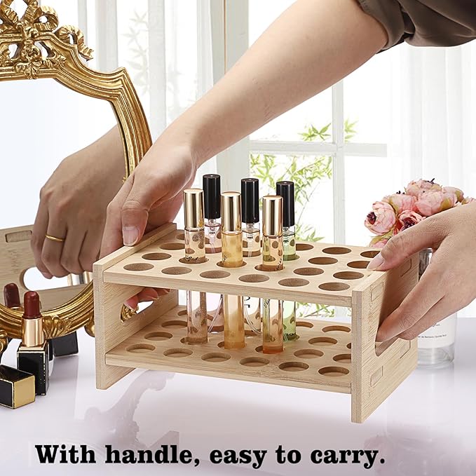 ELLDOO Rollerball Perfume Organizer, 24 Spaces Bamboo Perfume Storage Holder Beauty Scent Holder with Handle, Makeup Lipgloss Lipstick Display Case