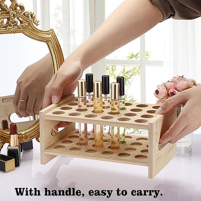ELLDOO Rollerball Perfume Organizer, 24 Spaces Bamboo Perfume Storage Holder Beauty Scent Holder with Handle, Makeup Lipgloss Lipstick Display Case