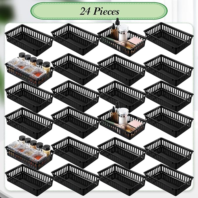 Wenqik 24 Pcs Plastic Storage Baskets for Classroom Organizing Small Pantry Storage Bins Rectangular Tray for Back to School Household Toys Classroom Bedrooms, Kitchens Countertops(Black)