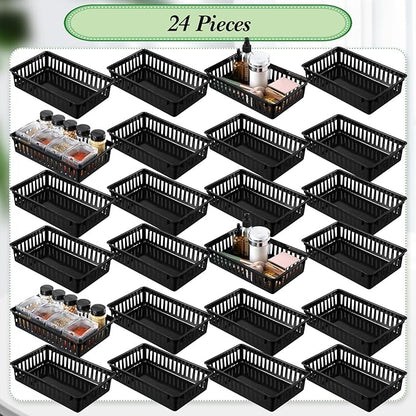 Wenqik 24 Pcs Plastic Storage Baskets for Classroom Organizing Small Pantry Storage Bins Rectangular Tray for Back to School Household Toys Classroom Bedrooms, Kitchens Countertops(Black)