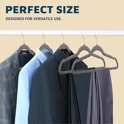 Lifemaster Velvet Non-Slip Hangers - 20 Pieces Non-Slip Coat Hanger Set with 360° Swivel Hook, Space-Saving, Sleek Design, Keep Closet Organized, Smooth Velvet Finish, Lightweight Construction - Gray